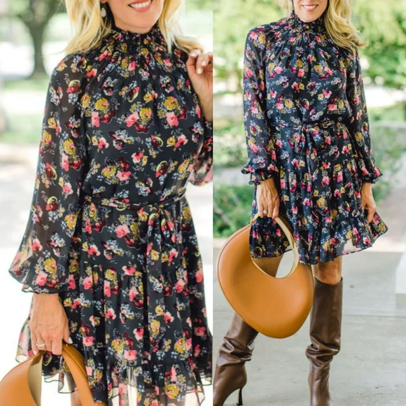 Cinq A Sept Daija Tiered Floral-print Chiffon Mini Dress In Charcoal Size 2 - Picture 1 of 9